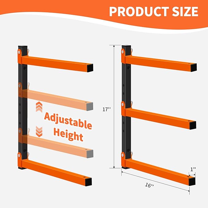 Homydom Heavy Duty Wall Mounted Lumber Storage Rack, 3-Level, 4 Pack Metal Garage Shelving System for Wood, Pipes & Skis, 300 Lbs Capacity Organizer Bracket (Black/Orange)