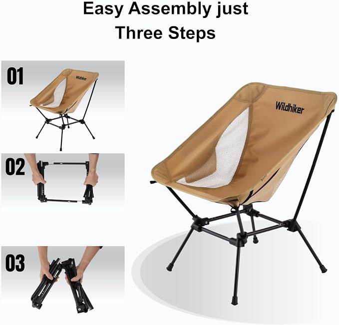Wildhiker Lightweight Camping Chair – Folding Portable Chair for Adults, 2.16 lbs with Square Base and Carry Bag for Travel, Fishing, Motorcycle, Festival– Khaki