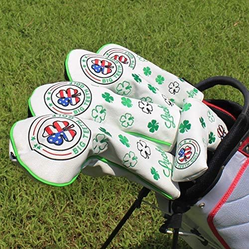 Big Teeth Golf Cover Lucky Clover Headcover Covers, Driver Fairway Wood Hybrid Headcovers Fits Blade Mallet Putter Iron and Woods with Magnetic White Shamrock Head Club Protector Leather