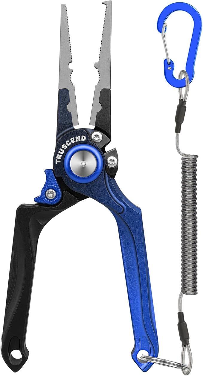 TRUSCEND Easy Use Lockable Fishing Pliers with Tungsten Carbide Cutter, Innovative Ergonomic Handy Handle, Saltwater Corrosion Resistant Teflon Coated Fishing Tool, Light Multi-Function Fishing Gear