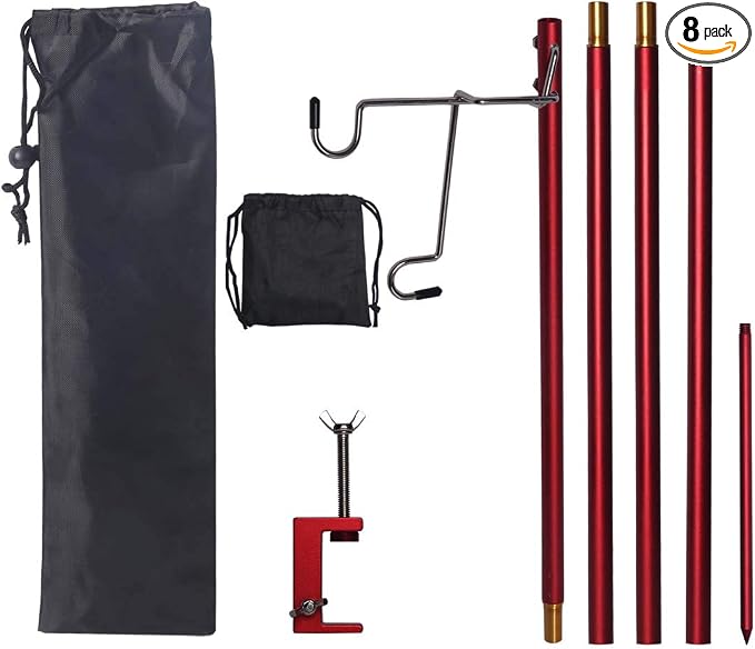 HIKEMAN Folding Lantern Stand Pole Portable Lamp Stand Hook Collapasible Light Stand Holder for Camping Fishing Picnic BBQ Outdoor Activities (Red)