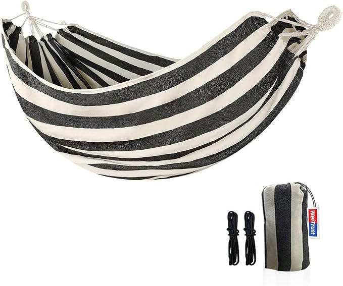 Cotton Canvas Hammock, Comfortable Fabric Camping Hammock with Tree Straps, Up to 440lbs with Travel Bag for Camping Outdoor/Indoor Patio Backyard(Black&White, Without bar)