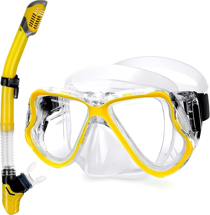 Greatever Dry Snorkel Set,Panoramic Wide View Anti-Fog Scuba Diving Mask,Professional Snorkeling Gear for Adults Kids