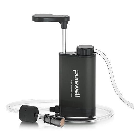 Purewell Stainless Steel Water Filter Pump with Replaceable Carbon 0.01 Micron Water Filter, 3 Filter Stages, Portable Outdoor Emergency and Survival Gear - Camping, Hiking, Backpacking(Black)
