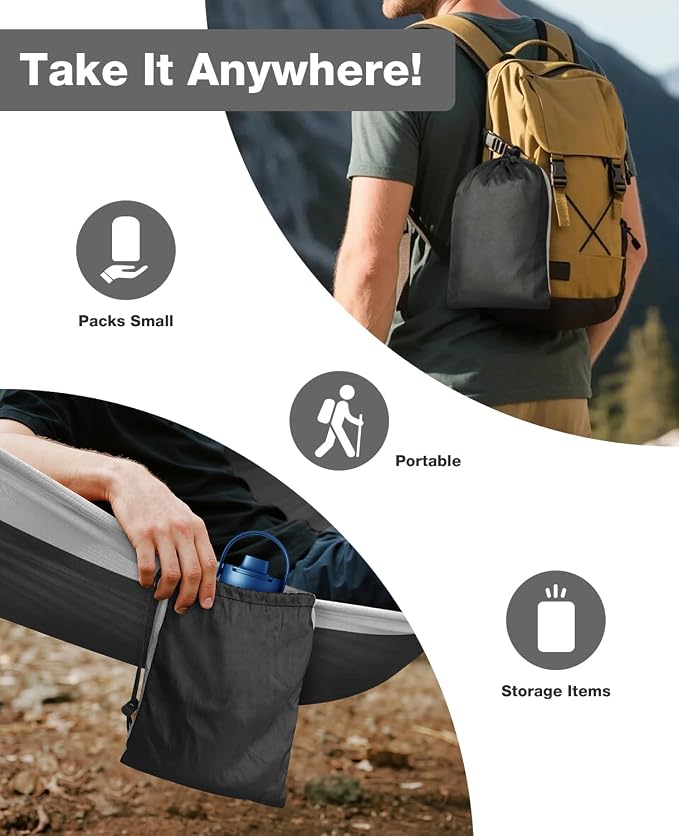 MOSFiATA Camping Hammock, Heavy Duty up to 700lbs with 2 Tree Straps and Attached Carry Bag Portable Hammock for Backpacking Hiking Durable Outdoors（Black Grey）