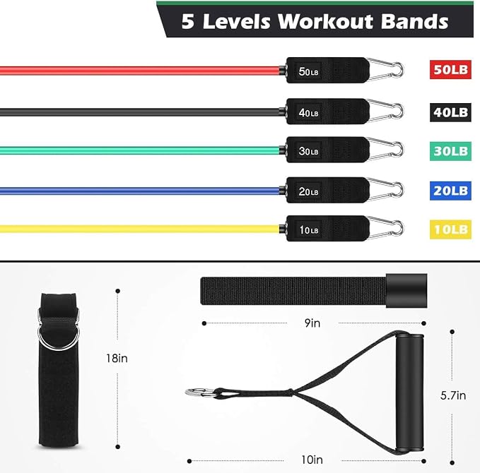 WHATAFIT Resistance Bands, Exercise Bands, Workout Bands with Handles, Door Anchor and Ankle Straps, 5 Resistance Levels Fitness Bands for Strength Training, Physical Therapy, and Home Gym Equipment