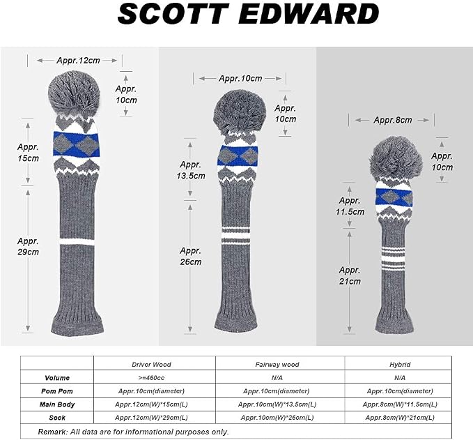 Scott Edward Knit Golf Club Cover for Woods and Driver Set of 5 Head Covers Protect Driver Wood(460cc)* 1 Fairway Wood*2 and Hybrid/UT*2 with Rotating Club Number Tags