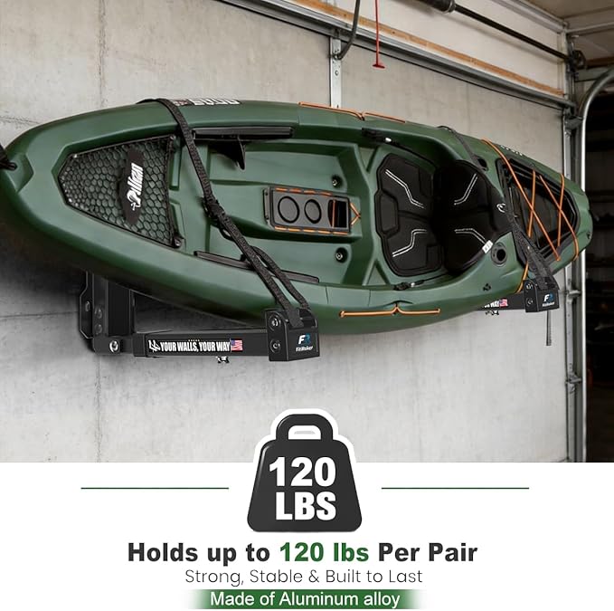 Kayak Storage Hooks Wall Mount Rack, Heavy Duty Garage Storage Hangers with Folding Arms, Adjustable Width, Non-Slip Padding and Secure Strap for Kayak Canoe Paddle Board Surfboard, Indoor Outdoor Use