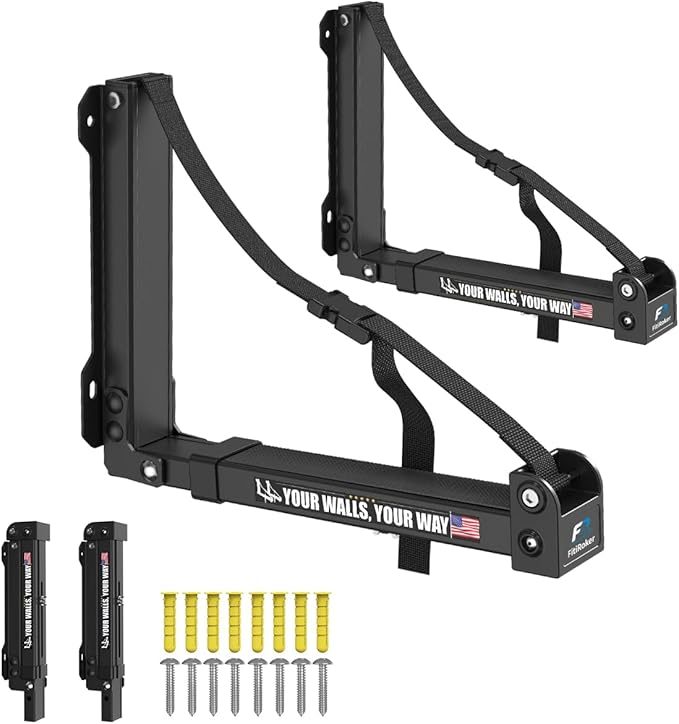 Kayak Storage Hooks Wall Mount Rack, Heavy Duty Garage Storage Hangers with Folding Arms, Adjustable Width, Non-Slip Padding and Secure Strap for Kayak Canoe Paddle Board Surfboard, Indoor Outdoor Use