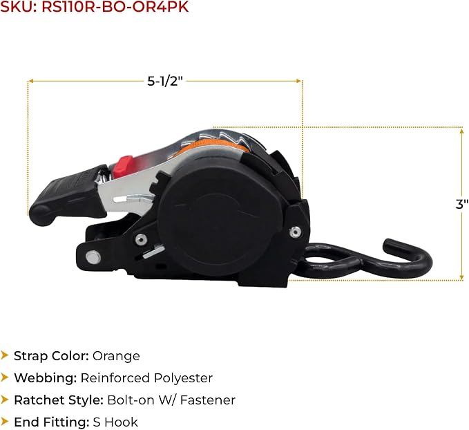 Mytee Products 4 Pack 1''x10' Bolt on Orange Retractable Ratchet Straps for Cargo - Coated S Hook Auto Retract Ratchet Straps - Self Ratcheting Strap for Boat Tie Down to Trailer & Jet Ski, ATVs