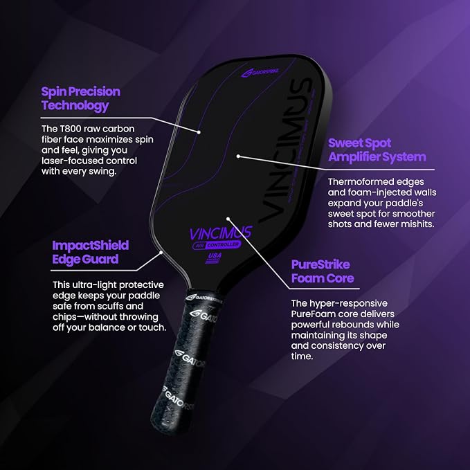 GATORSTRIKE Vincimus Air Controller T600 Pickleball Paddle, T600 Carbon Fiber Pickleball Paddle with Enhance PP Honeycomb 16mm Core, 8.1oz with GatorGrit Face