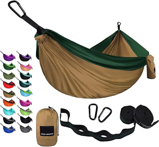 Gold Armour Camping Hammock - Portable Hammock Single Hammock Camping Accessories Gear for Outdoor Indoor Adult Kids, USA Based Brand (Khaki & Green)