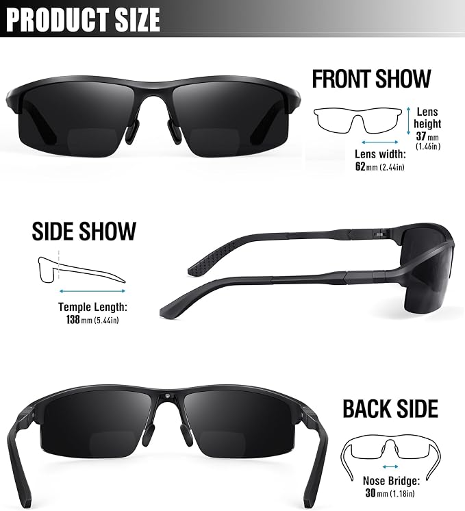 SKYOAK Sports Bifocal Reading Sunglasses Men Wrap Around UV 400 Protection Aluminum Frame Glasses Spring Hinge Semi Rimless Sun Readers Built In Driving/Running/Fishing Black, 2.5