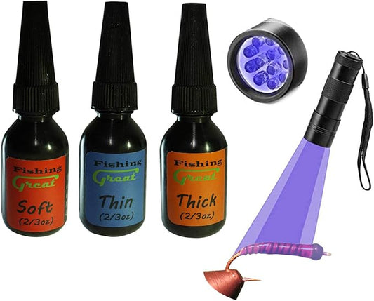 GREATFISHING Fly Tying UV Clear Glue and Power Light Combo Three Bottles Thick Thin and Soft +12 LED Light for Building Flies Heads Bodies Wings and Gluing Eyes