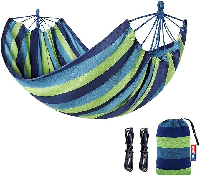 Cotton Canvas Hammock, Comfortable Fabric Camping Hammock with Tree Straps, Up to 440lbs with Travel Bag for Camping Outdoor/Indoor Patio Backyard(Blue, Without bar)