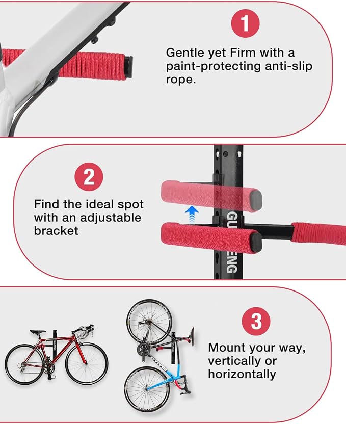 Wall Mount Bike Rack – Horizontal Indoor Bicycle Storage with Flexible Arms – Holds 1 Bike – Safe & Secure Hanger for Road, Mountain, Gravel, Hybrid – For Garage, Apartment, Shed