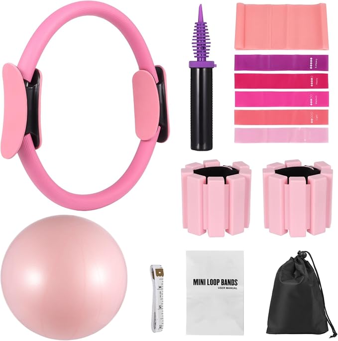 Pilates Equipment Kit for Home Workout, Pilates Ring Set with Ball, Ankle Wrist Weights, Resistance Bands, and Tape Measure, Women's Full Body Training Kit for Yoga