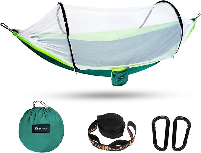 Hammock with Mosquito Net - Lightweight, Portable, 1 Person Hammock - for Camping, Hiking, Backpacking, Travel, a Festival, or The Beach (Dark Green)