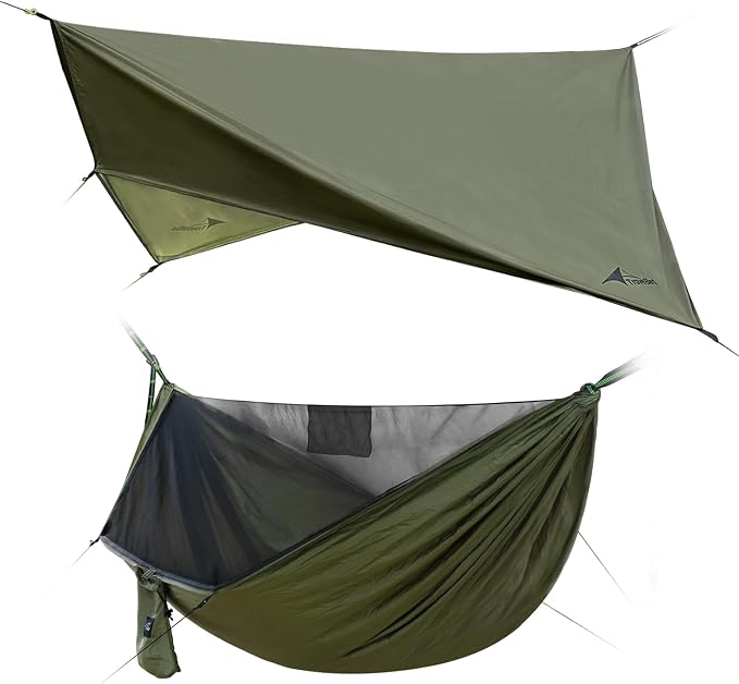 Camping Hammock with Net and Rain Fly, Lightweight Hanging Hammocks Tree Straps Hammock for Outside, Hiking, and Travel
