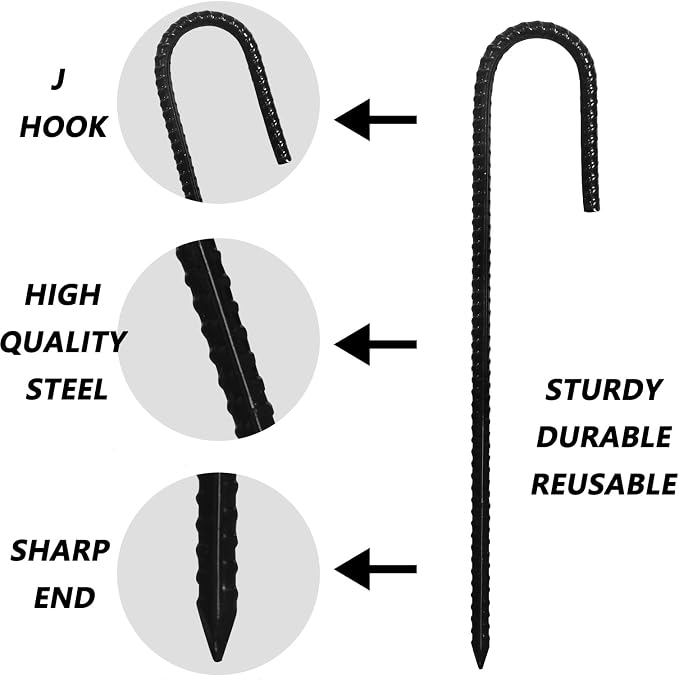 Rebar Stakes, 10 Pack 16 Inch Heavy Duty J Hook Ground Stakes for Camping Tent Trampoline Swings and Chain Link Fence, Black Powder Coated (Black)