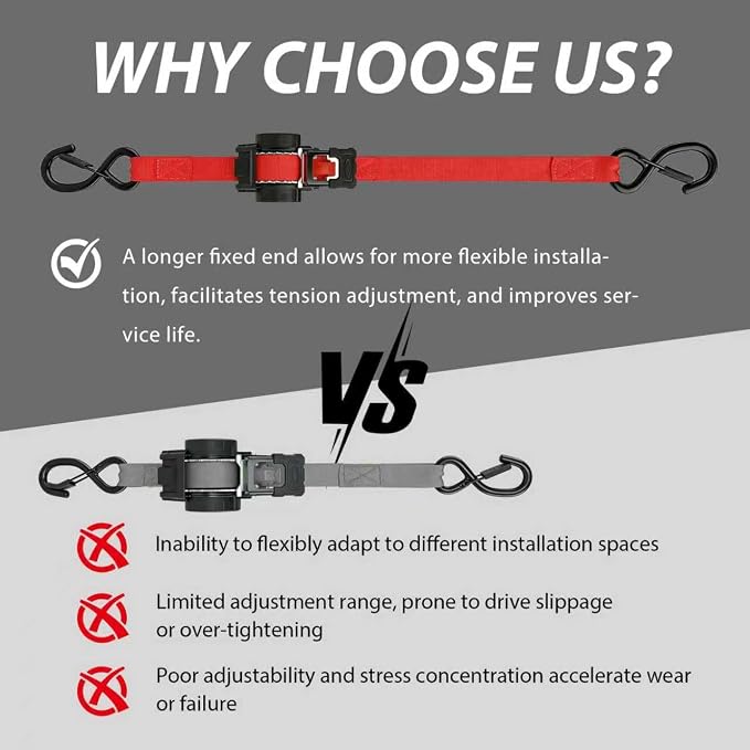 Retractable Ratchet Straps (2-Pack) - Heavy Duty Auto Slow Retraction Tie Down Straps - 1 Inch x 13 Feet (1,800lb Break Strength) for Truck, Cargo Trailer, Motorcycle, ATV, UTV - Red