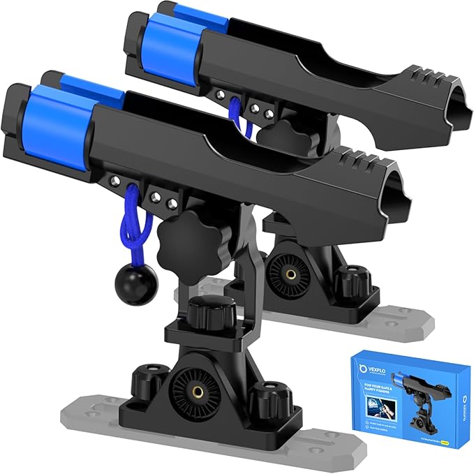 VEXPLO Fishing Rod Holders for Boat Kayak with Dual-Lock Bungee System, Ultra-Stable Dual T Bolt Base Fishing Pole Holders, Universal Top/Side Track & Deck Mount for Boats, Canoe & Kayaks