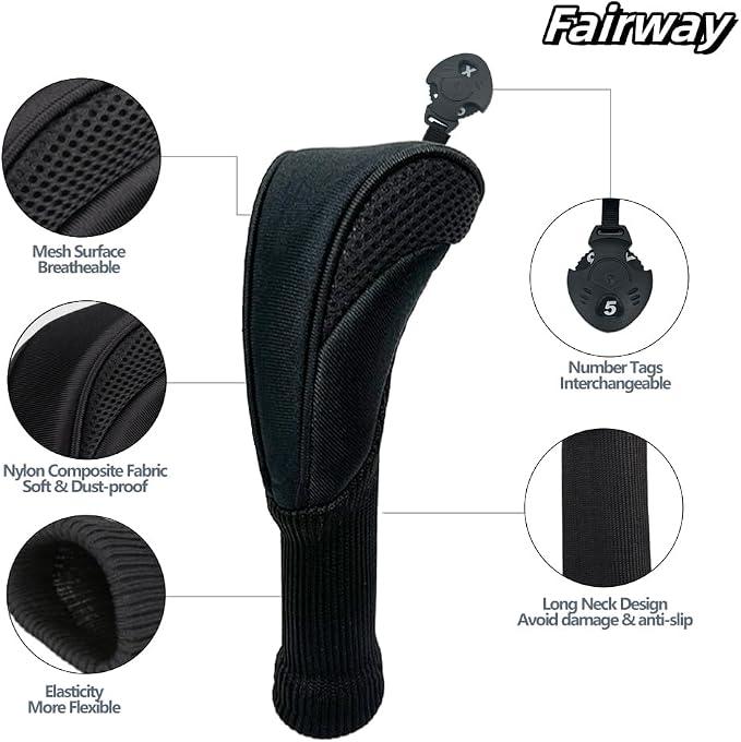 Golf Club Head Covers for Woods 3/4/5/6 Pieces Long Neck Mesh Sports Golf Club Headcovers Set with Interchangeable No. Tags 3 4 5 6 7 X Golf Accessories for Men Women