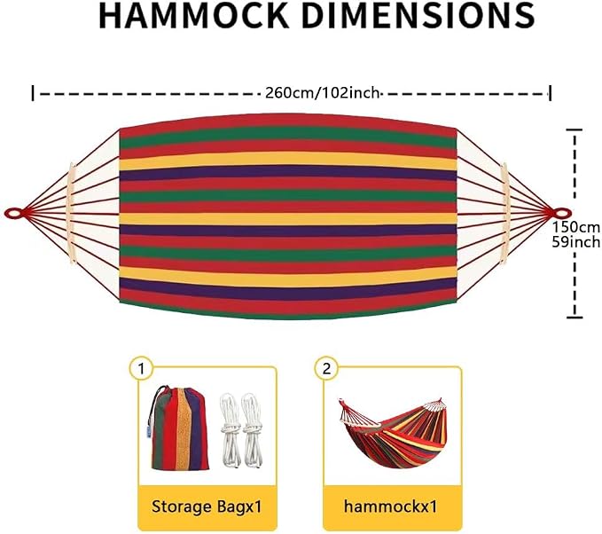 Cotton Canvas Hammock, Comfortable Fabric Camping Hammock with Tree Straps, Up to 440lbs with Travel Bag for Camping Outdoor/Indoor Patio Backyard(Red, with bar)