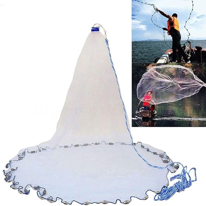 Yeahmart American Saltwater Fishing Cast Net for Bait Trap Fish 3ft/4ft/5ft/6ft/7ft/8ft/9ft/10ft Radius Freshwater Casting Nets with Heavy Duty Real Zinc Sinker Weights, 3/8inch Mesh Size