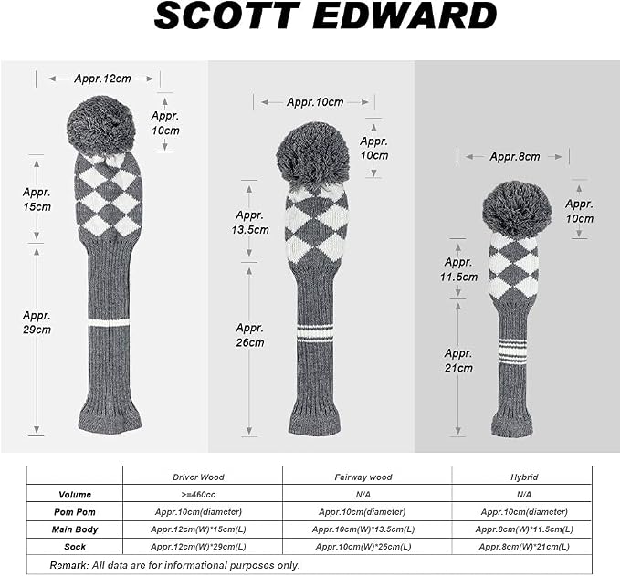 Scott Edward Knit Golf Club Cover with a Pom Set of 5 Head Covers Protect Driver Wood(460cc) 1 Fairway Wood2 and Hybrid/UT2 with Rotating Club Number Tags