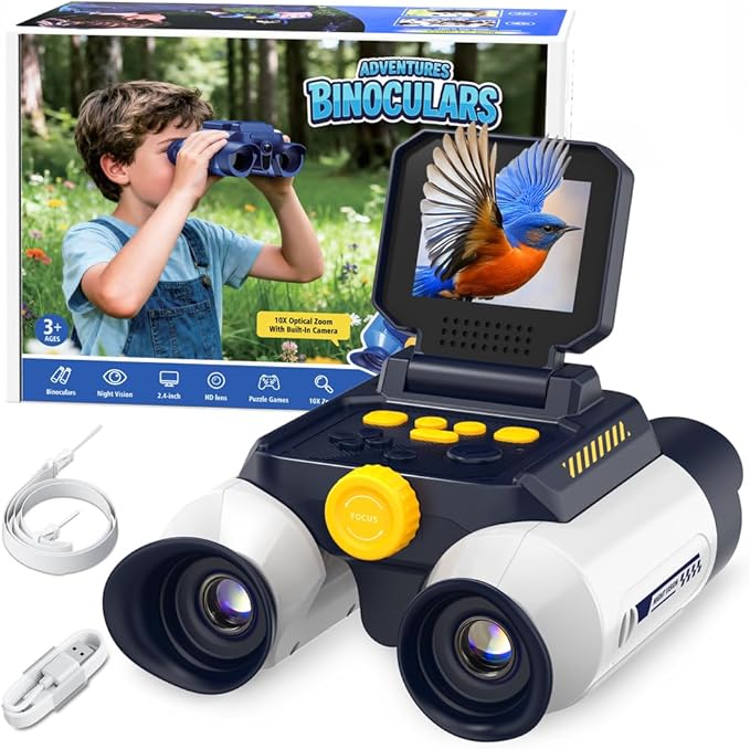 Binoculars for Kids with Night Vision, 2.4" HD Screen & 10X Zoom for Photo and Video - Outdoor Adventure Binoculars Bird Watching, Camping, Hiking, Gifts for Kids Ages 4+ (White)
