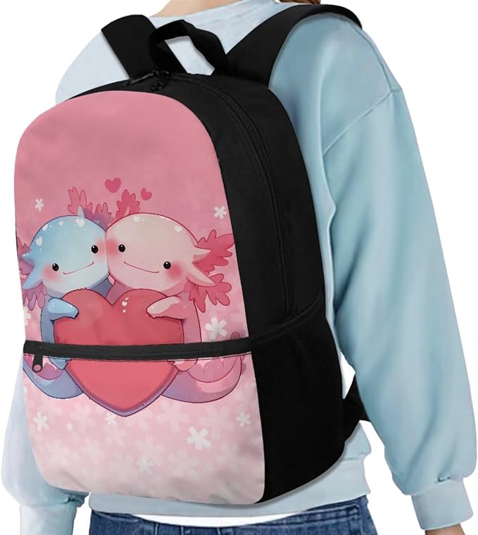 Axolotl Backpack for Girls School Bag and Lunch Box Set Pencil Case Water Bottle Holder 4 PCS School Bag Set 17 Inch Kindergarten Bookbag Back to School Supplies