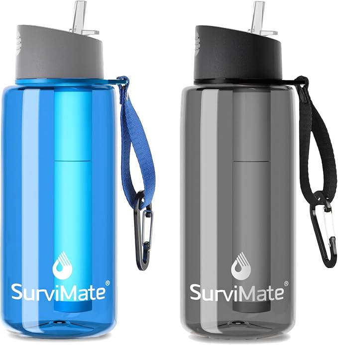 SurviMate Purified Water Bottle for Camping, Hiking, Backpacking and Travel, BPA Free with 5-Stage Intergrated Filter Straw