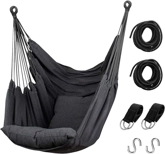 Hommtina Hammock Chair Hanging Rope Swing, Max 300 Lbs Hanging Chair with Pocket & Durability Perfect for Outdoor, Home, Bedroom, Patio, Yard (Pillows NOT Included,Dark Gray)