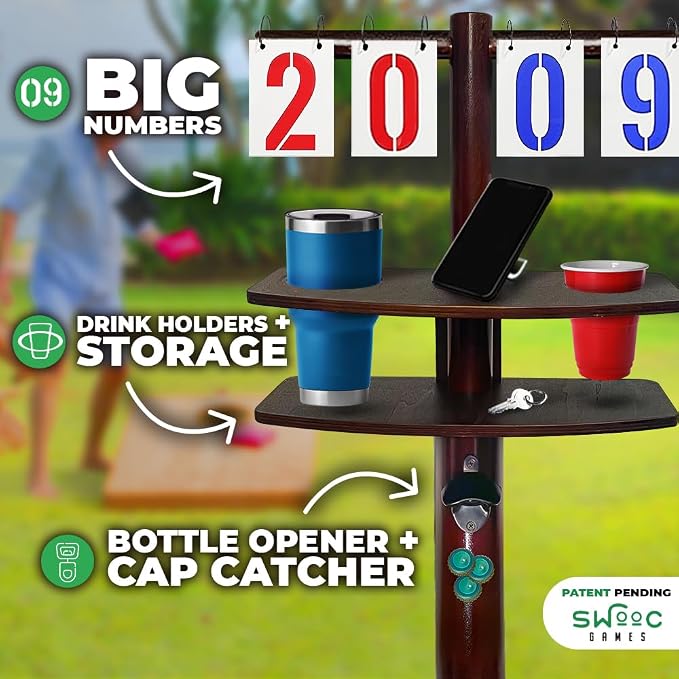 Swooc Games® – Cornhole Score Keeper & Other Yard Games – Weather Resistant – Cornhole Scoreboard with Drink Holder & Bottle Opener & Magnetic Cap Catch – Cornhole Accessories – Corn Hole Score Boards
