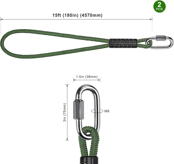 SELEWARE 15ft Tree Swing Rope Hammock Straps Hanging Kit - Fast & Easy Install for Hammock Chair, Tire Swing - Indoor/Outdoor Playground Accessories - Green, 2 Pack