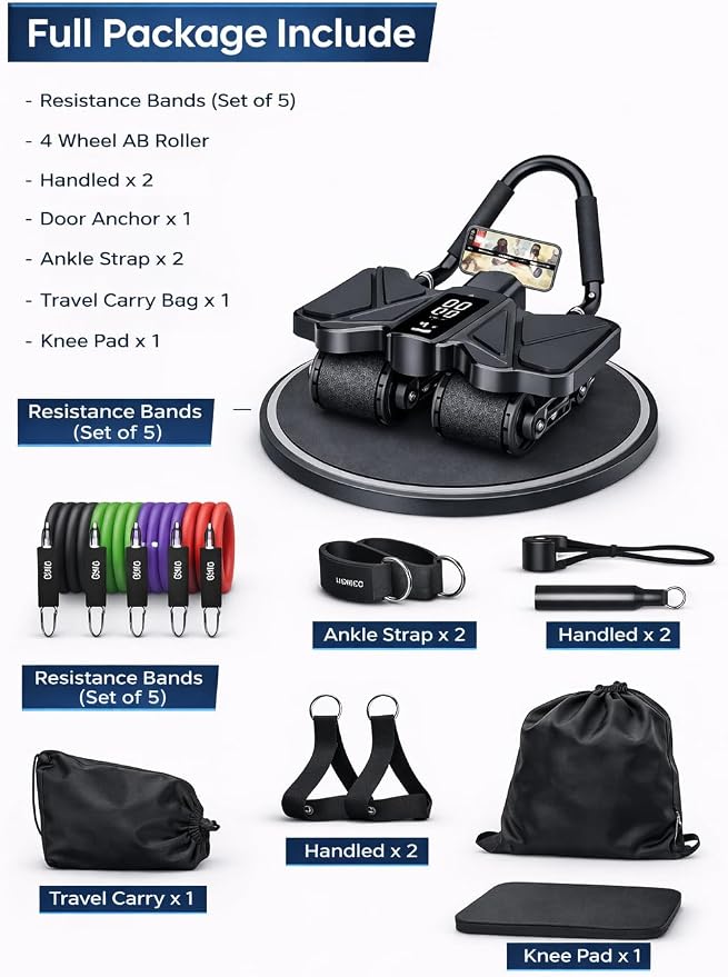 Ab Roller Home Gym Equipment – 4 Wheels Ab Wheel Muscle Roller with Built-in Tracker , 5Pcs Resistance Bands, Ankle Straps, Door Anchor, Handles, Travel Bag – Comfortable Elbow Support with Non-Slip Handles