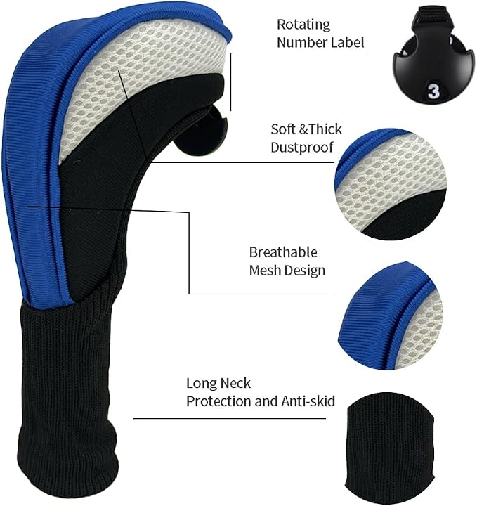 Golf Club Head Covers for Woods 3/4/5/6 Pieces Long Neck Mesh Sports Golf Club Headcovers Set with Interchangeable No. Tags 3 4 5 6 7 X Golf Accessories for Men Women