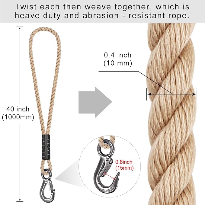 BeneLabel 2 Pcs Tree Swing Rope, 39 inch, Hammock Tree Swing Hanging Strap, Heavy Duty Hook, for Indoor Outdoor Swing Hammock Playground Set Accessories, Off-White