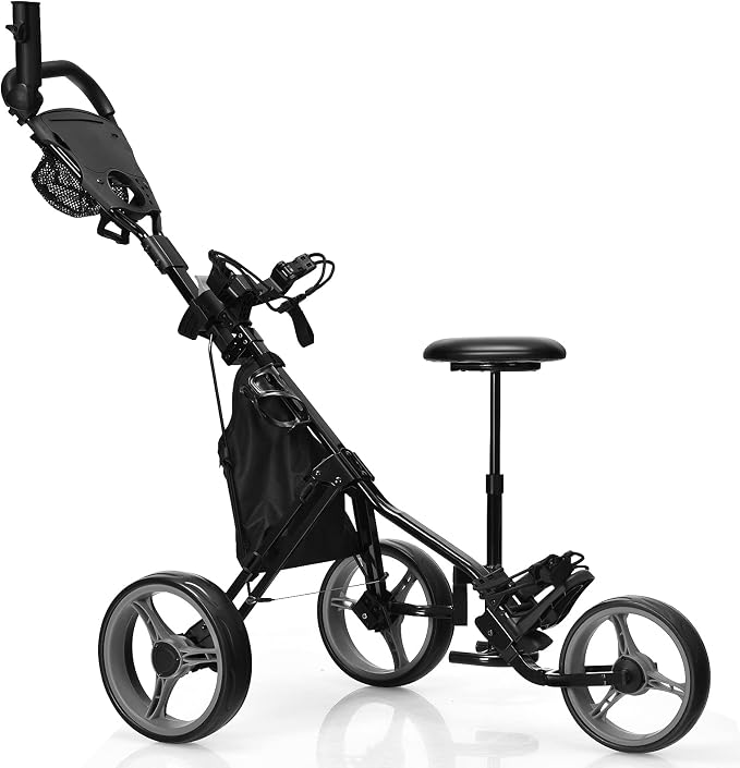GYMAX Foldable 3-Wheel Height Adjustable Lightweight Golf Caddy Cart with Umbrella Holder, Hydraulic Seat, Storage Bag & Cup Holder