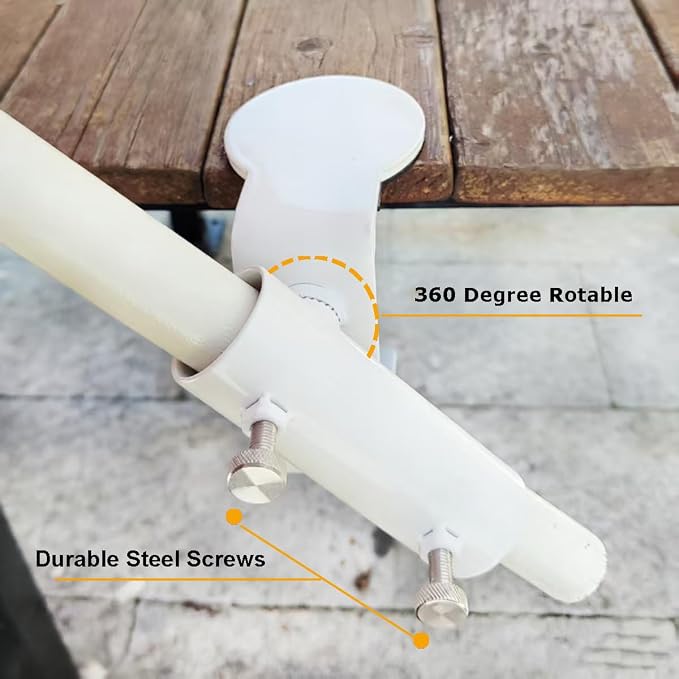 White Heavy Duty Patio Umbrella Clamp, Rustproof Steel Railing Holder with 360° Rotation for Balcony, Fence, Bleachers & Outdoor Deck