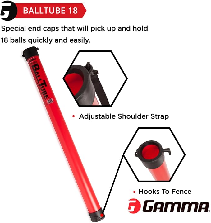 Gamma Sports Tennis Ball Tube Pickup – 18-Ball Capacity with Carry Strap and Durable Rubber End Caps with Fence Clips – Quick Court Cleanup Tool for Players, Coaches & Instructors