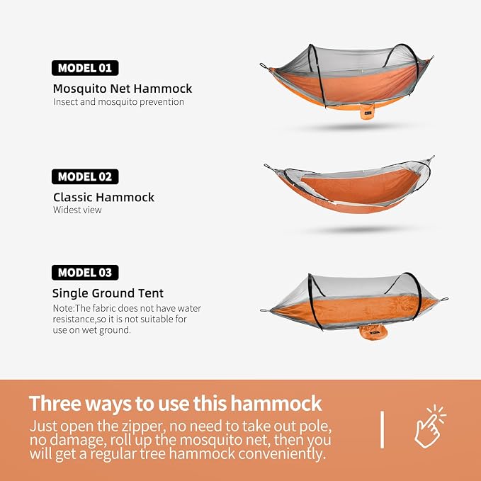 Hammock with Mosquito Net - Lightweight, Portable, 1 Person Hammock - for Camping, Hiking, Backpacking, Travel, a Festival, or The Beach (Orange)