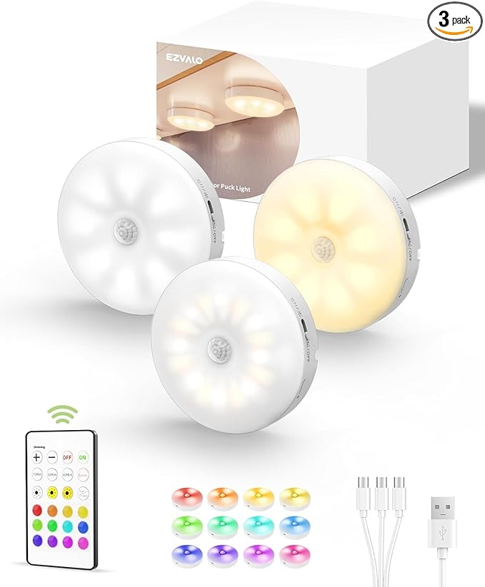 EZVALO Under Cabinet Lighting, 1000mAh Rechargeable Puck Lights with Remote, 3 Color Temps & 12 RGB Motion Sensor Closet Lights, Dimmable Under Cabinet Lights for Kitchen, Cabinets, Closet (3 Packs)