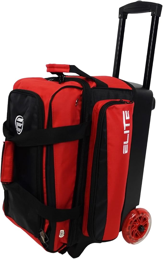 ELITE Deluxe 2 Ball Bowling Bag with 5" Smooth Wheels - Large Accessory Pocket, Shoe Compartment, 36" Extendable Handle