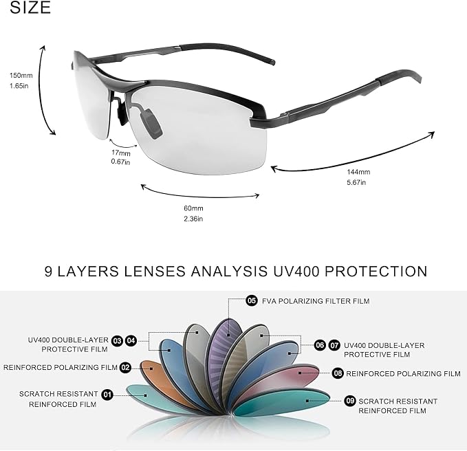 Polarized Photochromic Sunglasses for Men - UV Protection and Lightweight Sun Glasses for Driving Fishing