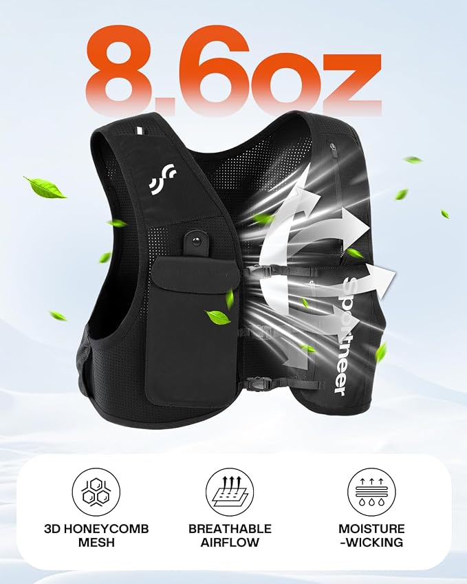 Sportneer Running Vest: Hydration Vest with 500ML Soft Flask, Lightweight Breathable Zero-Bounce Running Backpack for Men Women, Fits 7.2” Phone, Reflective, Ideal for Marathon Trail Training