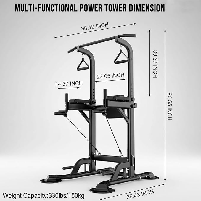 Freestanding Power Tower Dip Station, Adjustable Pull Up Bar for Home Gym with Backrest & Resistance Bands, 450 LBS Heavy Duty Multi-Function Calisthenics Workout Equipment for Adults & Teens