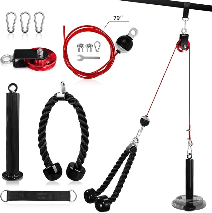 LAT and Lift Pulley System, Weight Cable Machine for Power Cage & Squat Rack, LAT Pulldown Attachments for Triceps Pull Down, Biceps Curl, Back & Forearm Workouts - Home Gym Equipment