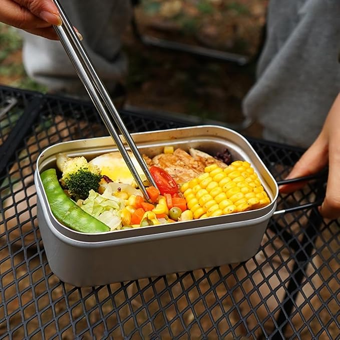 Lightweight Aluminum Camping Cookware Set – Portable Lunch Box with Folding Handle for Hiking, Backpacking & Outdoor Cooking